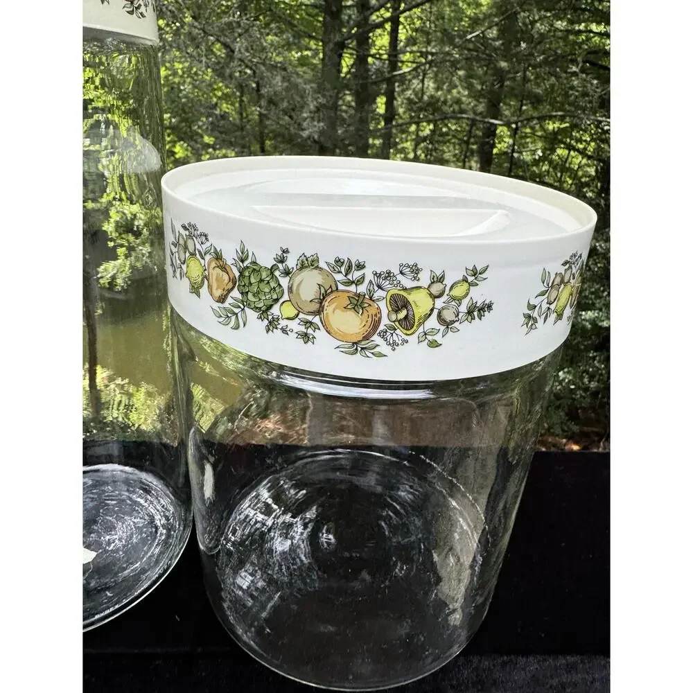 Two Vintage Pyrex Spice of Life Glass Store N See Stackable Storage Canisters